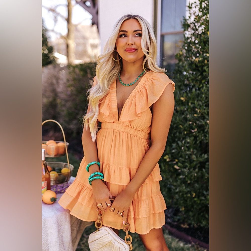 Flying Tomato “Calin” Plunging V-neck Orange Tiered Ruffle Open Back Mini Dress